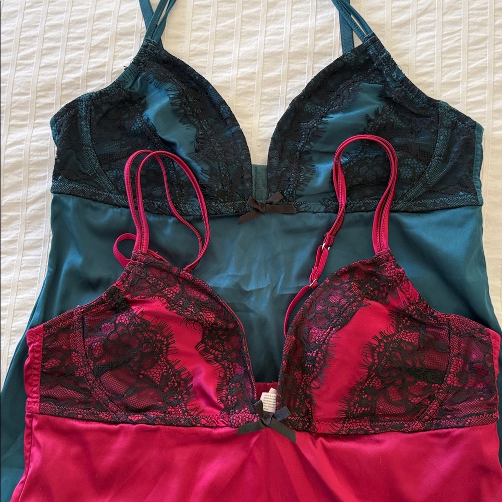 Teal or Buegundy Satin & Black Lace Slip Chemise